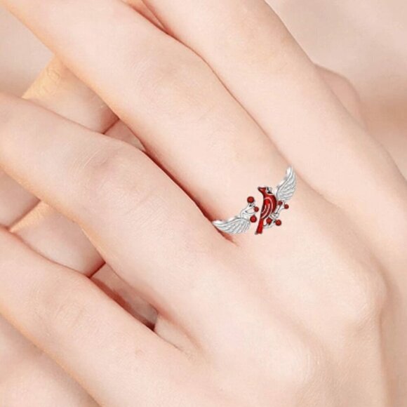 Red Cardinal Cuff Ring Adjustable Remembrance I Am Always with You - Picture 4 of 5